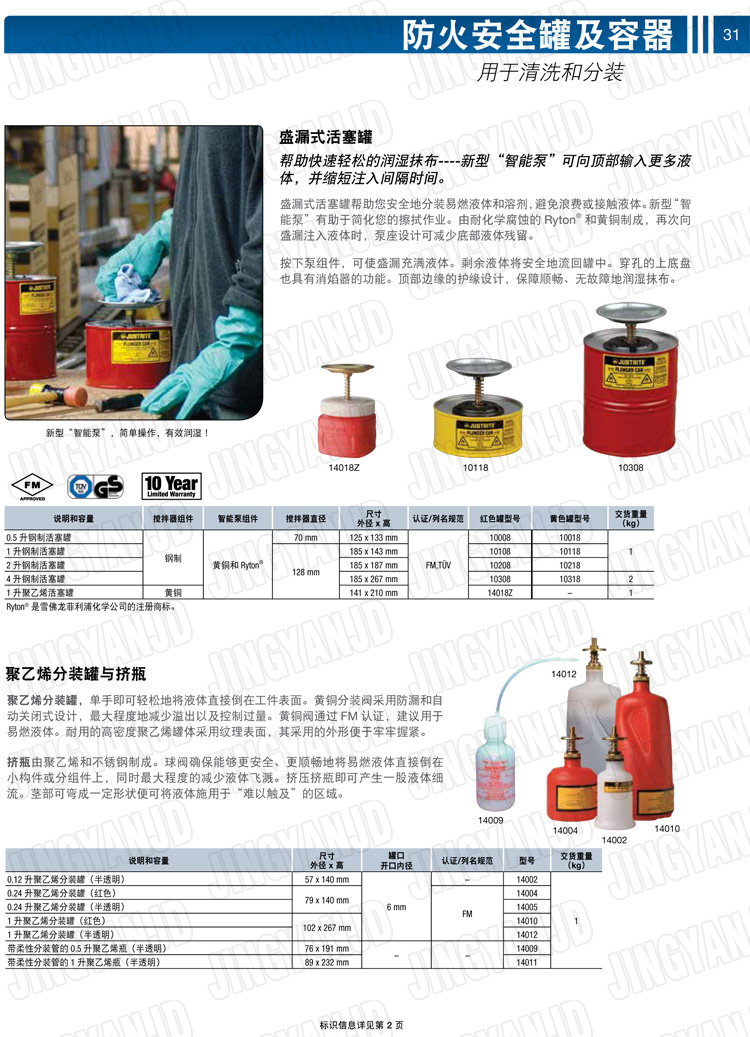 美國杰斯瑞特，JUSTRITE，活塞安全罐，盛漏式活塞罐，化學(xué)品分裝罐，